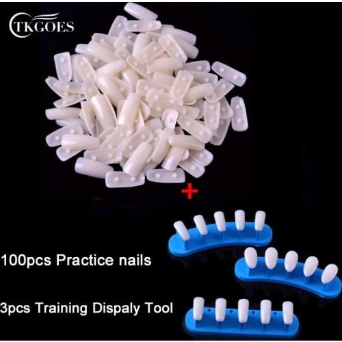 TKGOES 100pcs Square Plastic Nail Tips +1set Trainer Tool Adjustable Nail Art Model Hand Practice Nail Training Display Manicure