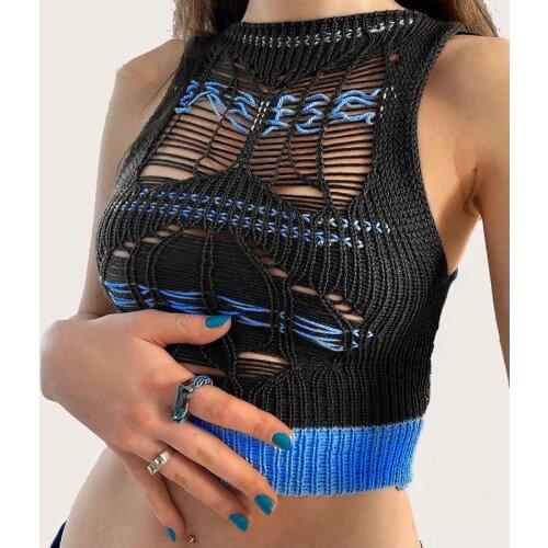 Gothic Hollow Out Summer Tops Punk Women Sleeveless Patchwork Crop Top Harajuku Sexy Knitted Tank Top