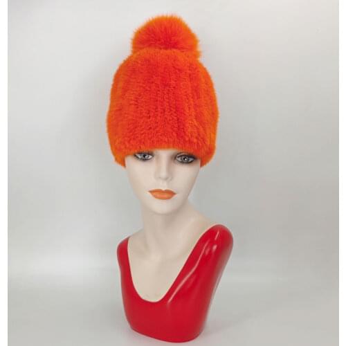 Mink Fur Knit Hat With Fox Fur Ball Winter WomenS Eavesless Thick Warm Stretch Hat Authentic Fur Hat Russian WomenS Hat
