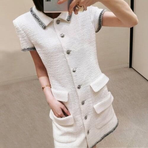 High quality 2020 Summer Women white Tweed Mini Dresses turn down collar single breasted Elegant Celebrity Dress y606