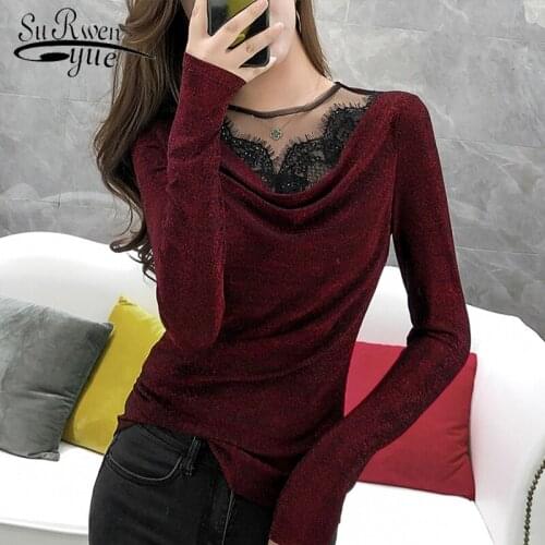 2019 Long Sleeve Hollow Out Blouse Women Korean Women Tops and Blouses Fashion Autumn Solid O-neck Lace Shirts 7845 50