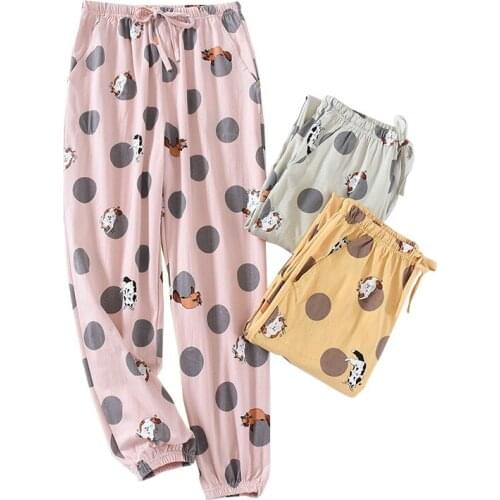 Autumn And Winter Knitted Cotton Women Thin Cartoon Sleep Bottom With Side Pocket Elastic Waist Rope Loose Outer Wear Home Pants