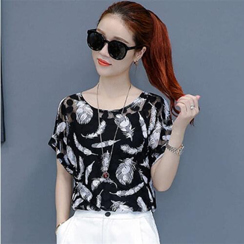 Hollow Out Women Spring Summer Style Chiffon Blouses Casual Flower Leaf Feather Printed Chiffon Blusas Tops Feminina 2018 DD1512