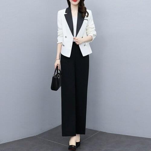2021 Spring Autumn Blazer + Wide Leg Straight Pant Suits Two Peice Set Women Double Breasted Suit Jacket High Waist Pants