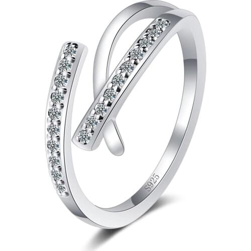 Simple Authentic 925 Sterling Silver Irregular Crossing Open Size Adjustable Zircon Finger Rings for Women Wedding Jewelry