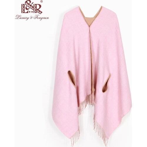 Women Winter Cashmere Poncho Cape Elegant Double sides Warm Scarves Fashion Vintage Pashmina Long Shawl Women Poncho Cape