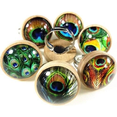 24pcs Wood Cabochon Ring Base with Peacock feather Photo Glass Cabochon the Ethnic Style ring for party