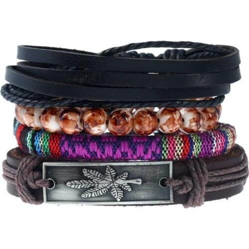 4pcs/set hippie punk black brown Leather maple charm multi color onyx Bead Layers stackable wrap Bracelet Bangles Unisex Jewelry