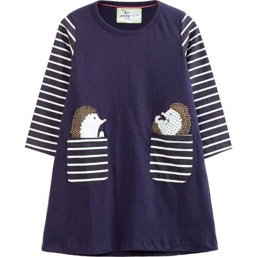 Girls Cotton Long Sleeve Casual Cartoon Hedgehog Appliques Striped Children Dresses toddler dress kids clothes