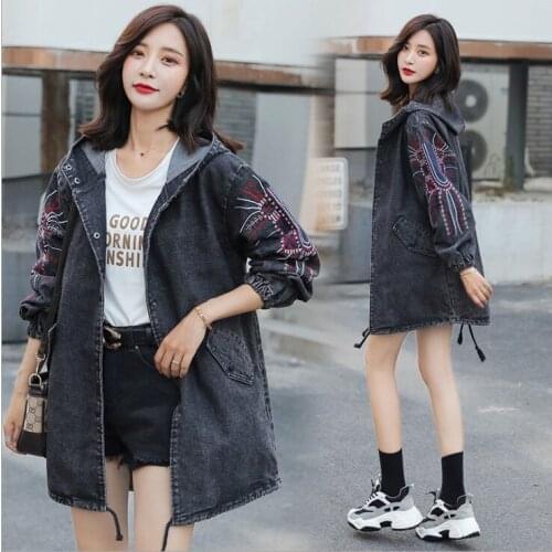 Long embroidered denim jacket autumn and winter new fashion Korean womens hooded plus size (M--5XL) loose denim jacket