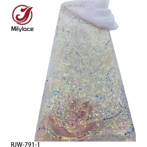 Elegant Embroidered Tulle Fabric with Sequins Fashion Hand Beaded Lace Tulle French Net Fabric for Dress RJW-791