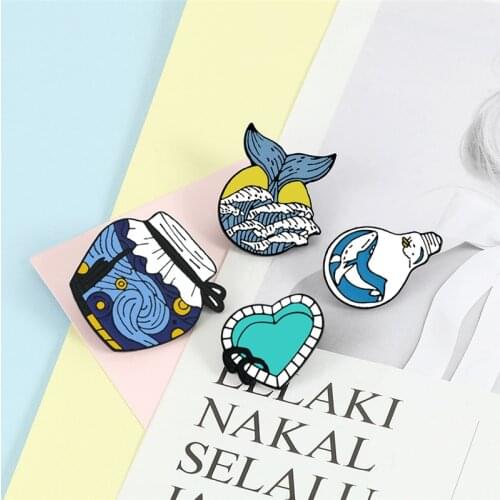 Blue Ocean Enamel Pin Cartoon Sea Wave Heart Whale Light Bulb Bottle Brooches Badge Shirt Denim Bag Lapel Pins Creative Jewelry