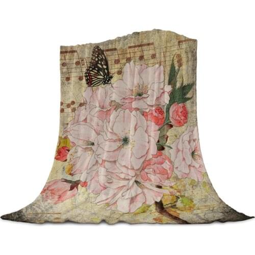 Cherry Blossom Butterfly Retro Soft Warm Flannel Blankets Sofa Bed Throw Blankets Coral Fleece Nap Wrap Travel Blankets