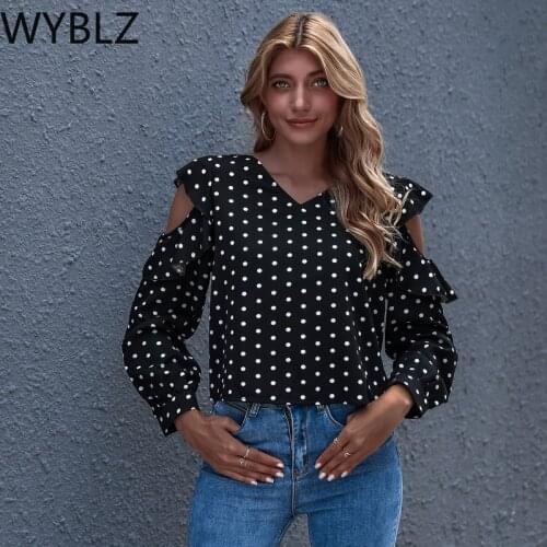 WYBLZ Polka Dot Top Tees T-shirt Female Black V Neck T Shirts Slim Tops Long Sleeve Print Shirts Casual Lady Office Womens Tops