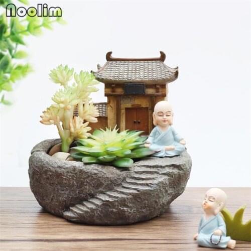 1Pcs Buddhism Temple Resin Flowerpot Succulent Planter Monk Green Plants Container Home Garden Decoration Bonsai Flower Pot