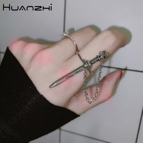 HUANZHI 2020 New Individuality Punk Cool Guy Ring Gothic Sword Skull Nail Long Chain Tassel Metal Rings for Women Men Couple