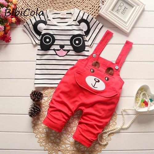 BibiCola Summer Baby Boys Clothing Set Kids Cartoon Panda Tops +Bib Shorts Pants 2pcs Baby Suit Set Baby Clothes kids Tracksuit