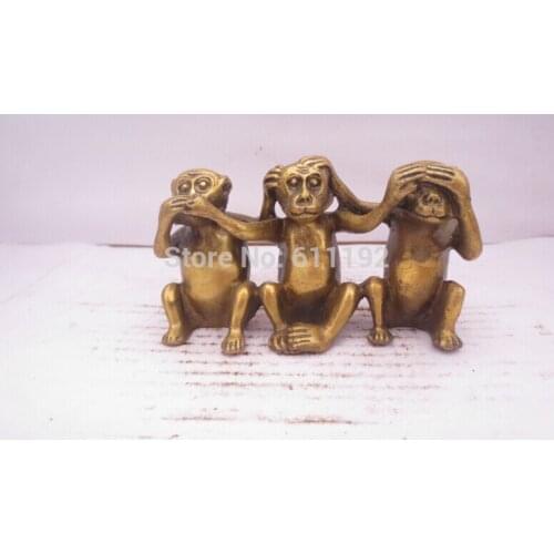 Folk Art Exquisite hand-carved Brass Three Monkeys sculpture Home decor Metal crafts, gifts