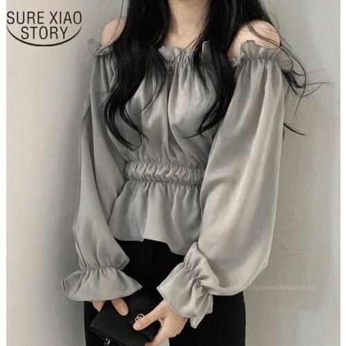 Sexy Slash-neck Fashion 2021 Flared Sleeve Shirt Lady New Comfort Strapless Women Blouse Waist Slimming Tops Blusas Mujer 15591