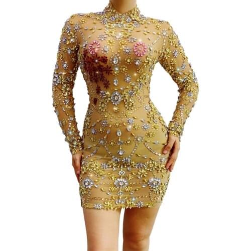 Gold Crystal Stone Nightclub Dress Wrap Hip Sexy Singer DJ Gogo Dancer Costume Evening Birthday Party Clothes Women VDB3313