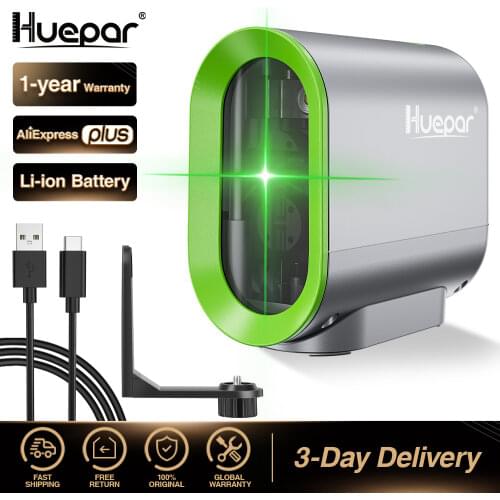 Huepar 2 lines Self-leveling Laser Level & Rechargeable Li-ion Battery Green Beam Cross Line with Pulse Mode & Tripod laser Tool