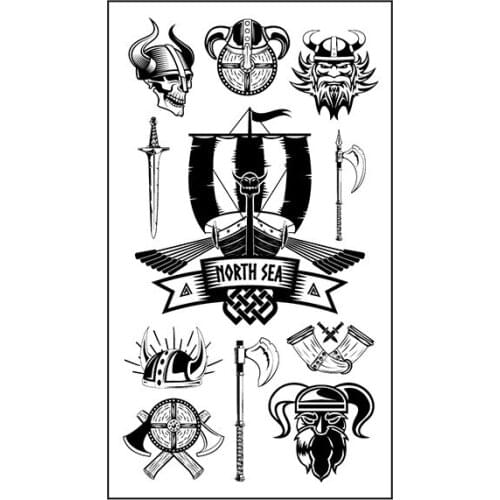 Waterproof Temporary Tattoo Sticker Horn Hat Warrior Pattern Knife Ax Sword Word NORTH SEA Flash Tatoo Fake Tatto for Men Women