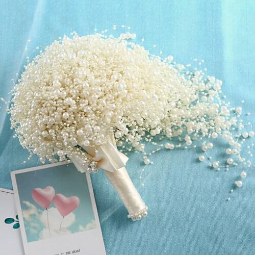 YouLaPan F24 Handmade Bridal Bouquet Full Pearl White Ivory Wedding Bouquet Wrist Flower Luxury Bridal Wedding Accessories