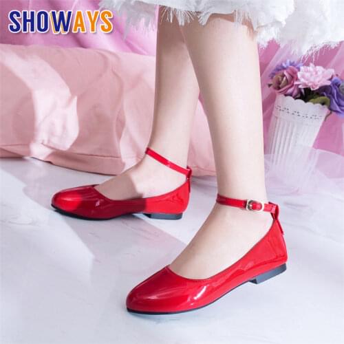 Big Size Spring Women Flat Red Pink Patent Leather Round Toe Low Square Heel Ballet Casual Party Office Ladies Ankle Strap Shoes