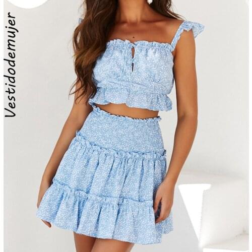 Chiffon Crop Top Polka Dot Skirt Two Piece Set Women Sexy Backless Top Ruffles High Waist A Line Skirts Summer Vacation Outfits