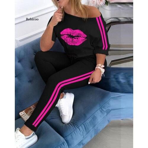 Womens Two-Piece Fashion Lip Print Sports Suit T-Shirt Summer