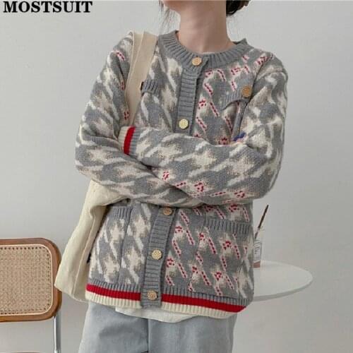 Houndstooth Knitted Cardigan Sweater Women Full Sleeve O-neck Jumpers Golden Threads Color-blocked Vintage Female Knitwear Coat