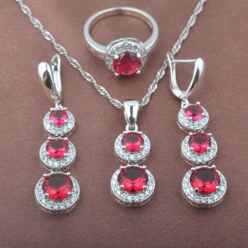 Elegant Design Rose Red Zirconia CZ Womens Silver Color Jewelry Sets Necklace Pendant Earrings Ring TZ0494