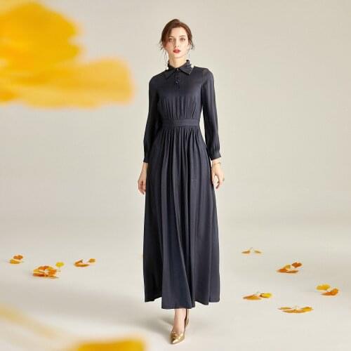Fashion Spring Autumn England Style Long Dress Turn-down Collar Office Lady Women Maxi Dress Birthday Dress for Women