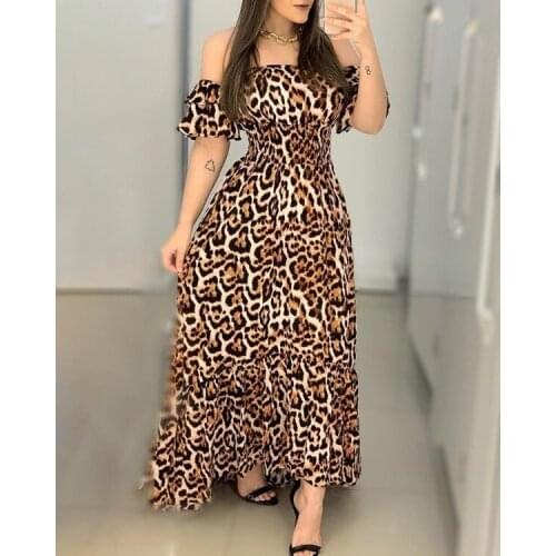 Slash Neck Women Leopard Printing Ankle-length Dresses 2021 Summer Backless Elegant Butterfly Sleeve Gown Dress Hot Selling