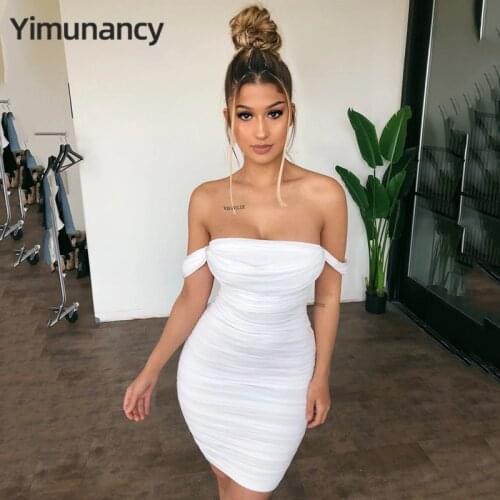 Yimunancy Off Shoulder Dress Women Strapless Bodycon Dress 2020 Ladies Summer 3 Colors Solid Sexy Party Dress Vestidos