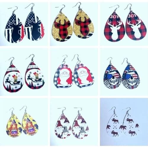 18 Style Stock Buffalo Plaid Redeer Christmas Tree Santa Earrings Leather Teardrop Earrings for Women 2021