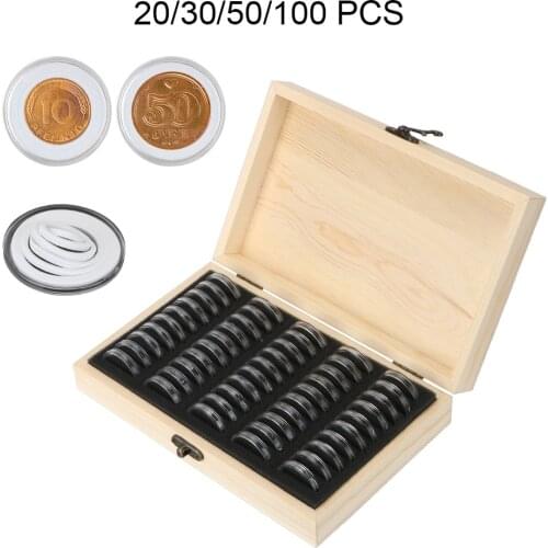20/30/50/100PCS with Adjustment Pad Coins Storage Box Adjustable Antioxidative Wooden Commemorative Coin Collection Case