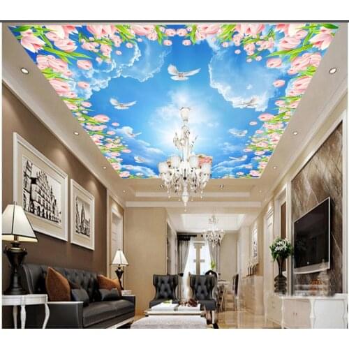 3d ceiling murals wallpaper Blue sky and white clouds pigeon tulips cherry tree 3d ceiling Home Decoration