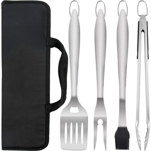 4PCS BBQ Stainless Steel Grilling Utensil Tools Set Spatula Fork Tongs Silicon Basting Brush Rubber Handle Grill Accessories Kit