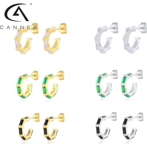 CANNER Color Rectangular Zircon Earrings For Women 2021 hot Ear Piercing Stud Earrings Jewelry 100% 925 Silver C shape Earrings