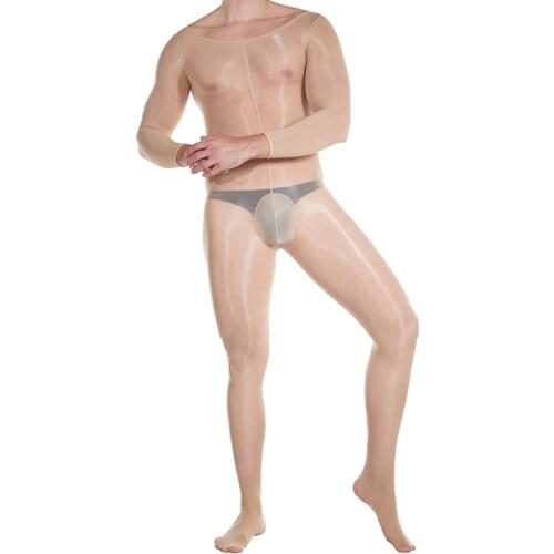 Long Sleeve Oil Glossy Shiny Bodysuit Mens Nylon Bodystocking Sexy Hot Erotic Lingerie One Piece U Convex Pouch Tights Bodyhouse