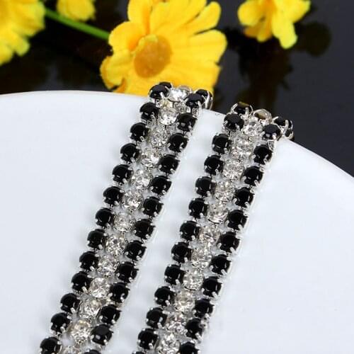 Pulaqi Black/Silver Strass Rhinestones Ribbon Chain Three Rows Claw Rhinestones Sewn For Clothes Rhinestones Trim Applique Craft