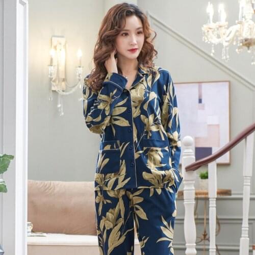 Home clothing full pure cotton pajama sets for female autumn and winter high grade brand cardigan floral blue women sleepwear