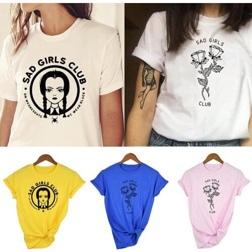 Sad Girls Club Flowers Print Womens T-shirt Short Sleeve White Top Streetwear Aesthetic Harajuku Shirt Female Camisas Mujer New