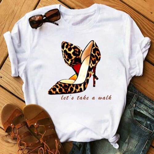 New Women T-shirt Fashion Summer Short Sleeve T-shirts Tops Tee Funny Leopard High Heel Shoes Printed T Shirts Tops Tees