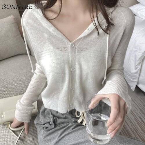 Long Sleeve T-shirts Women Sweet Elegant Solid Hooded All-match Korean Style Simple Knitted Spring Soft Vintage Leisure New Chic