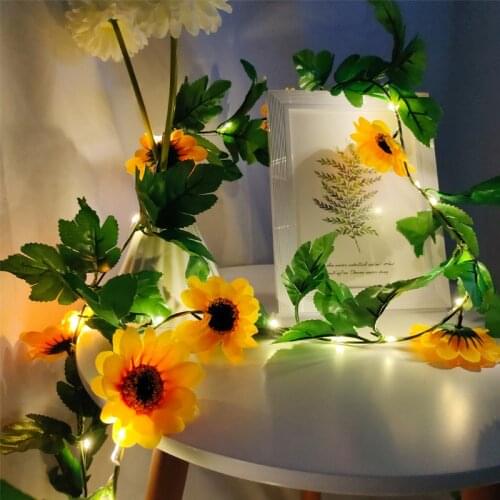 2.5M Sunflower Leaf Rattan String Light Battery Operated Fairy Lights Wedding Room Home Garden Decoration Lamp