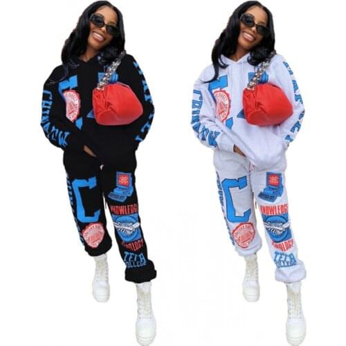 Autumn Woman Casual Hoodie And Pants Matching Sets Womens Clothing Two-piece Sports Suit With Printed Hood Streetwear Outfits