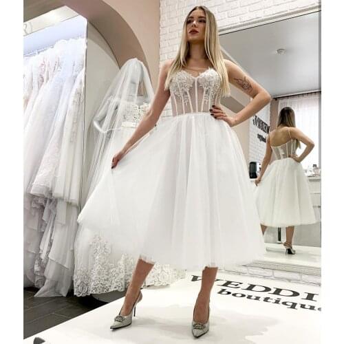 Short Wedding Dress 2021 Corset Top Lace Appliques Bridal Gown Organza Tulle Custom Made Robe De Mariee Charming New Women