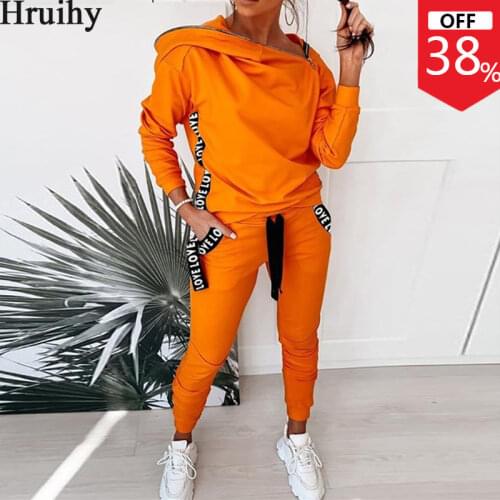 Two Piece Set Women Solid Hoodied Sweatshirt&woman Pants Ribbon Patchwork Letter Print Tracksuit Women Pockets Zipper Autumn